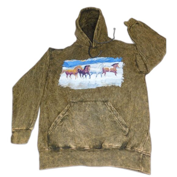 Acid Washed Art Hoodie Sweatshirt Horses in Snow Graphic Artist Persis Weirs - Picture 5 of 7